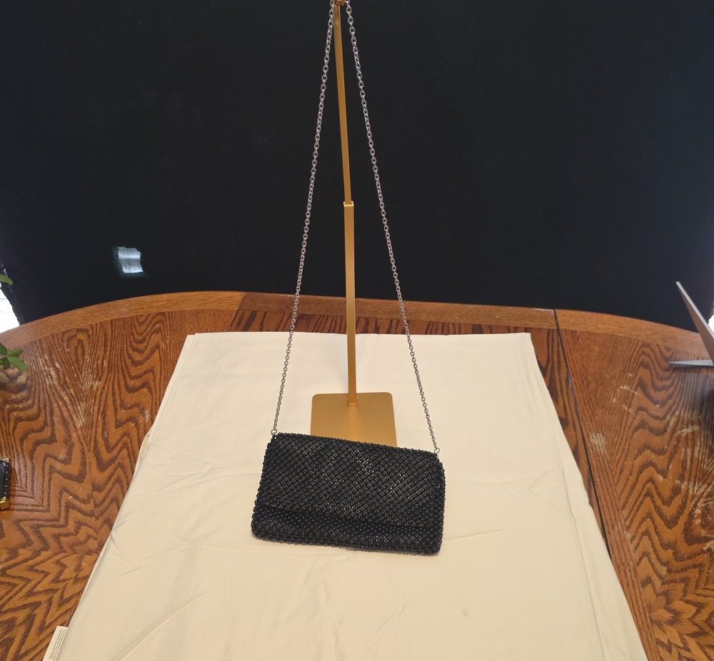 RSVP Black Beaded Evening Clutch with Chain Strap